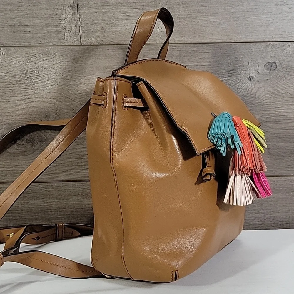 Rebecca Minkoff Tan Leather Backpack with Multicolor Tassels